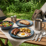 Melamin Geschirr Set Mondgranit Blau-Grau für 6 Personen - 24 Teile - mit Edelstahl Thermo Tassen Steingutoptik Spülmaschinengeeignet Essgeschirr Campingzubehör Campinggeschirr Wohnwagen Camping Festival Picknick Gartenparty