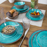 Melamin Geschirr Set Türkis für 6 Personen 24 Teile mit Edelstahl Thermo Tassen doppelwandig - Tonoptik Essgeschirr - Campinggeschirr Picknick ideal für Camping modern Outdoor