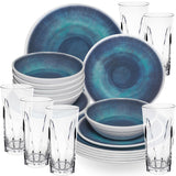 Melamin Geschirr Set Jesolo Blau für 6 Personen - 24 Teile - mit klarem Trinkglas 450ml - aus Acryl Steingutoptik Campinggeschirr