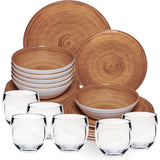 Melamin Geschirr Set Bambi Braun für 6 Personen - 24 Teile mit klaren Trinkgläsern 400 ml aus Acryl Steingutoptik Campinggeschirr