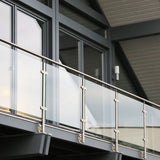 Edelstahl Geländerpfosten Endpfosten links mit Glashalter 6mm und Handlauf-Träger - 42,4mm - Wangemontage V2A - seitliche Montage vormontiert - Glasgeländer Geländerstützen Pfosten Zaunpfosten aussen