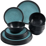 Melamin Geschirr Set 24 Teile elegante Steingut Optik in blau mit Wasserglas 260ml klar - für 6 Personen Essgeschirr Gläser Wasserglas Tumbler Whiskey Campinggeschirr Picknick ideal Camping Outdoor