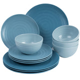 Melamin Geschirr und Acryl Glas Set für 4 Personen - 16 Teile - Campinggeschirr - blau mit Sektglas 150 ml Gläsern - Essgeschirr