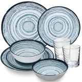 Melamin Geschirr Set Blau Schiefer für 2 Personen - 8 Teile - mit klaren Trinkgläsern 250 ml - Steingutoptik Spülmaschinengeeignet Essgeschirr Campingzubehör Campinggeschirr Wohnwagen Camping