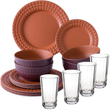 Melamin Geschirrset für 4 Personen - 16 Teile elegante Steingut Optik in Terracotta-Rot - mit klarem Trinkglas 300ml - Campinggeschirr Geschirrset Tafelgeschirr Spülmaschinengeeignet Outdoor Camping