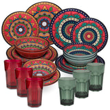 Melamin Geschirr Set Toskana Deep für 6 Personen - 24 Teile Rot-Grün - Mandala-Optik mit farblich passenden Trinkgläsern 400 ml Campinggeschirr