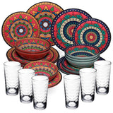 Melamin Geschirr Set Toskana Deep für 6 Personen - 24 Teile Rot-Grün - Mandala-Optik mit klaren Trinkgläsern 260 ml Essgeschirr Campinggeschirr