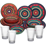 Melamin Geschirr Set Toskana Deep für 4 Personen - 16 Teile Rot-Grün - Mandala-Optik mit klaren Trinkgläsern 580 ml Campinggeschirr