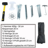 Zeltzubehör Set in praktischer Aufbewahrungstasche 50 Teile - 40 Heringe Heringzieher Campinghammer Abspannseil Seil-Schnalle Campingzubehör Bodenanker Zeltnagel Erdnagel
