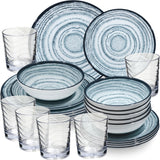 Melamin Geschirr Set Blau Schiefer für 6 Personen - 24 Teile - mit klaren Trinkgläsern 250 ml - Steingutoptik Spülmaschinengeeignet Essgeschirr Campingzubehör Campinggeschirr Wohnwagen Camping