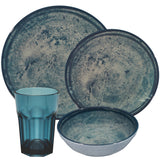 Melamin Geschirr Set Mondgranit Blau-Grau für 6 Personen - 24 Teile - mit blauen Trinkgläsern 400ml Steingutoptik Spülmaschinengeeignet Essgeschirr Campingzubehör Campinggeschirr Wohnwagen Camping