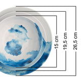 Melamin Geschirrset für 4 Personen - 16 Teile mit Trinkglas hellblau elegante Steingut Optik in weiss-blau Essgeschirr Gläser Wasserglas Tumbler Whiskey Campinggeschirr Picknick Camping Outdoor