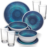 Melamin Geschirr Set Jesolo Blau für 4 Personen - 16 Teile - mit klarem Trinkglas 300ml - aus Acryl Steingutoptik Campinggeschirr