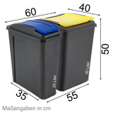 1x 50 Liter + 2x 25 Liter Mülltonne Schwarz Recyclingtonne mit abnehmbarem Klappdeckel - Schmal Küche Mistkübel Trash Bin Gelber Sack Groß Küchenabfalleimer Papiermülleimer