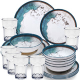Melamin Geschirr Set Lagune für 6 Personen - 24 Teile - mit klaren Gläsern 400ml Steingutoptik Spülmaschinengeeignet Essgeschirr Campingzubehör Campinggeschirr Wohnwagen Camping Festival Picknick Gartenparty