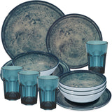 Melamin Geschirr Set Mondgranit Blau-Grau für 4 Personen - 16 Teile - mit blauen Trinkgläsern 400ml Steingutoptik Spülmaschinengeeignet Essgeschirr Campingzubehör Campinggeschirr Wohnwagen Camping