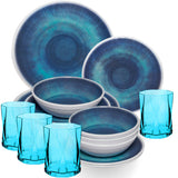 Melamin Geschirr Set Jesolo Blau für 4 Personen - 16 Teile - mit farblich passenden Trinkgläsern 300ml aus Acryl Campinggeschirr